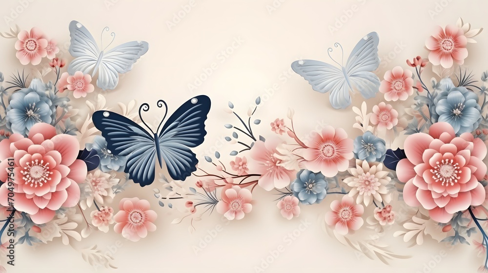Oriental Painting of Butterflies Amongst Pastel Petals Flowers in Springtime