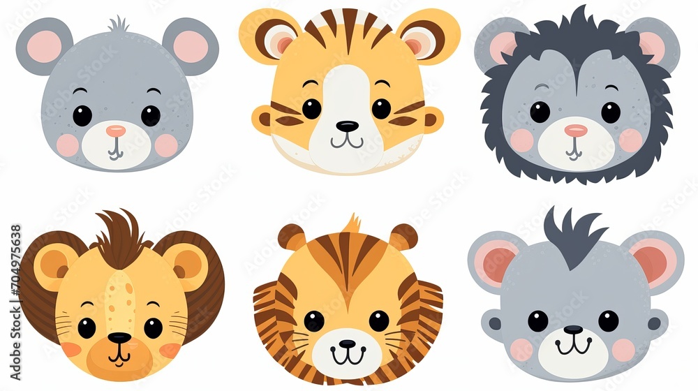 Adorable vector artwork of young safari animals with faces, featuring a tiger, lion, elephant, giraffe, zebra, hippo, rhino, and monkey. Adorable vector artwork of young safari animals with faces, featuring a tiger, lion, elephant, giraffe, zebra, hippo, rhino, and monkey.