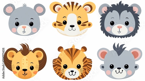 Adorable vector artwork of young safari animals with faces, featuring a tiger, lion, elephant, giraffe, zebra, hippo, rhino, and monkey.