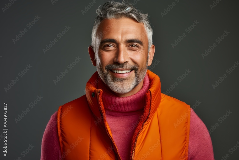 Portrait of a smiling senior man in orange jacket and red scarf against grey background Portrait of a smiling senior man in orange jacket and red scarf against grey background
