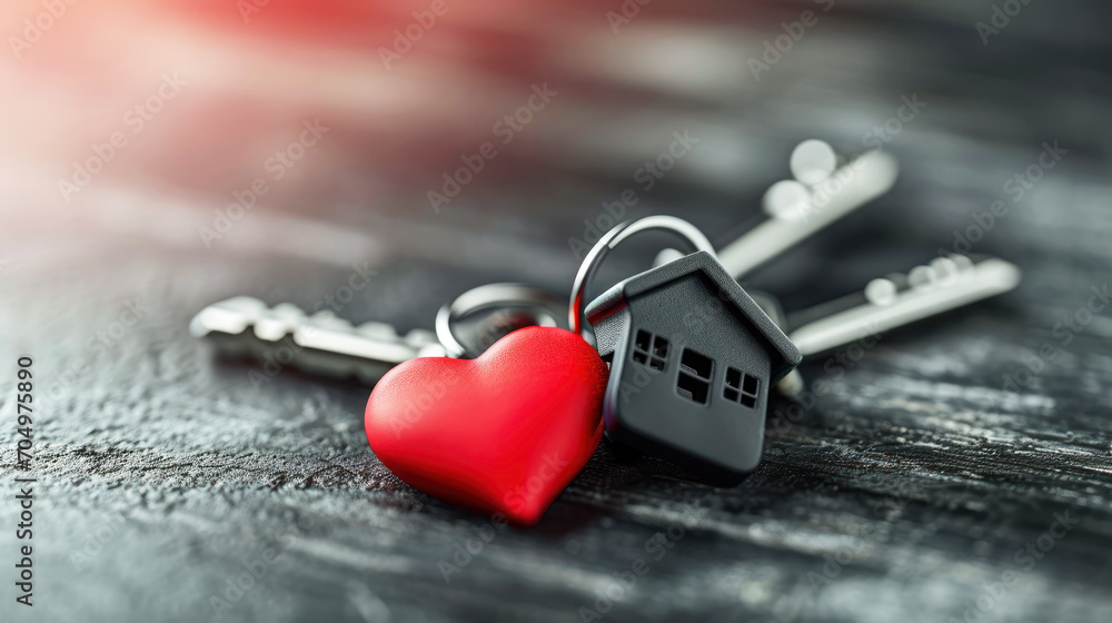 Heartfelt Homeownership. A pair of keys with a house-shaped keyring and a red heart, symbolizing love and the emotional value of a home - obrazy, fototapety, plakaty 