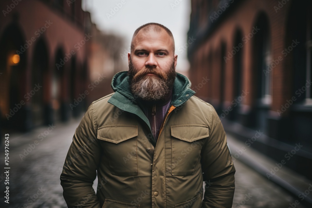 Handsome bearded hipster man with long beard and moustache in a green jacket on a city street Handsome bearded hipster man with long beard and moustache in a green jacket on a city street