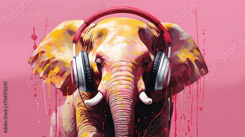 A delightful illustration of a pink elephant wear headphones photo