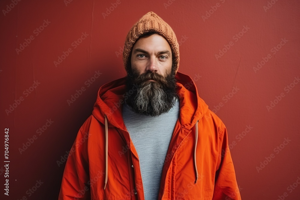Bearded man, long beard. Brutal caucasian hipster with moustache in orange jacket and hat on red studio background Bearded man, long beard. Brutal caucasian hipster with moustache in orange jacket and hat on red studio background