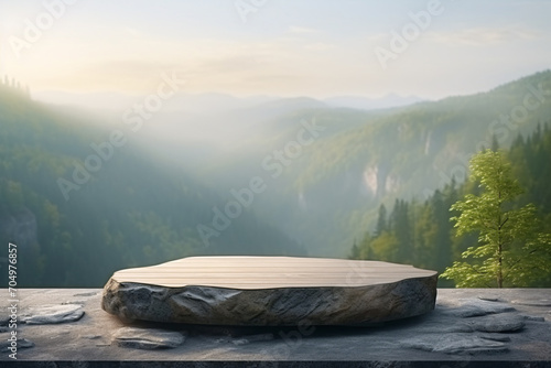 Gray Rock Pedestal with Product Display in Green Forest Landscape
