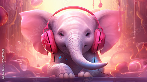 A delightful illustration of a pink elephant wear headphones