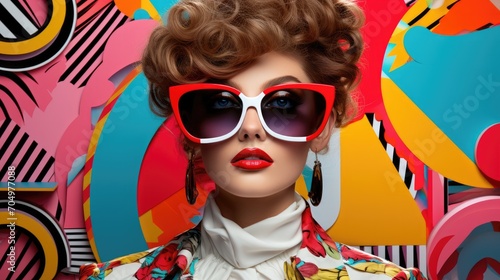 Create a stylized composition of a woman in the 80s at pop art style background
