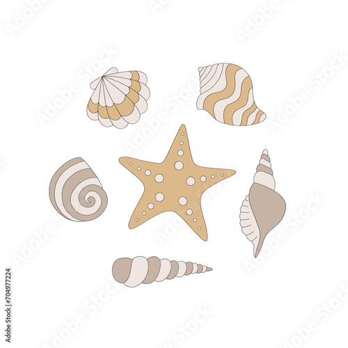 Retro earthy colours shell starfish underwater sea life vector illustration set isolated on white. Groovy tropical summer Christmas print.