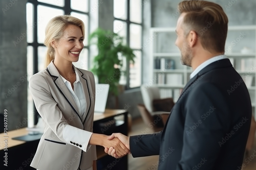 Fototapeta premium Professional Handshake Between Businesswoman and Businessman