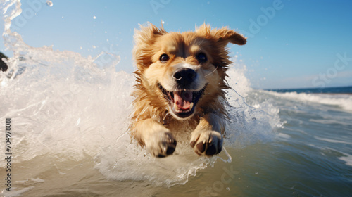 A playful dog riding the waves