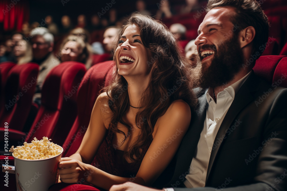 .Engaged couple, man with beard sitting near attractive woman having fun, sitting at the cinema, watching a movie and eating popcorn. Friendship, entertainment concept.