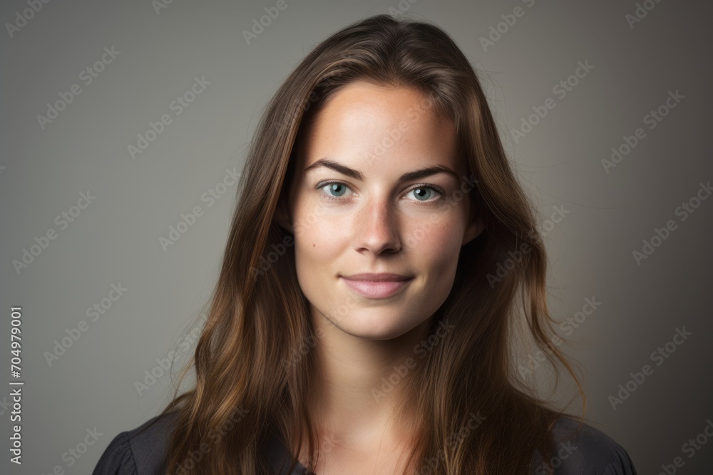 Portrait of beautiful young woman with long brown hair on grey background