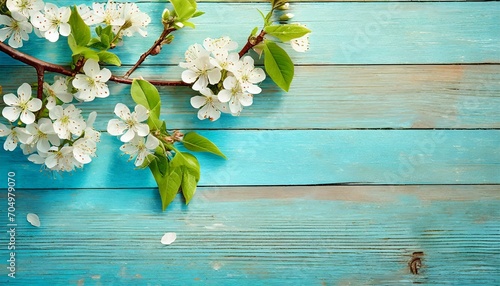 Kwitnące gałązki wiśni na niebieskich deskach. Wiosenne tło