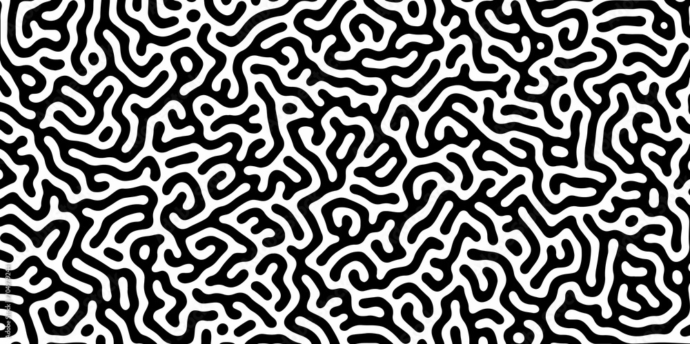 Abstract Turing organic wallpaper with background. Turing reaction diffusion monochrome seamless pattern with chaotic motion. Natural seamless line pattern. Linear design with biological shapes.