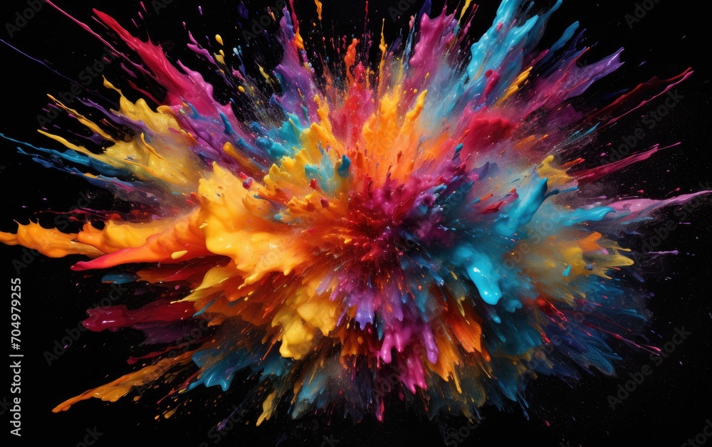Vibrant bursts of energy resembling exploding paint splatters frozen in time. Dynamic Explosions: Frozen Paint Splatters Unleashing Energy.