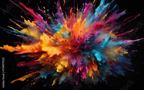 Vibrant bursts of energy resembling exploding paint splatters frozen in time. Dynamic Explosions: Frozen Paint Splatters Unleashing Energy.