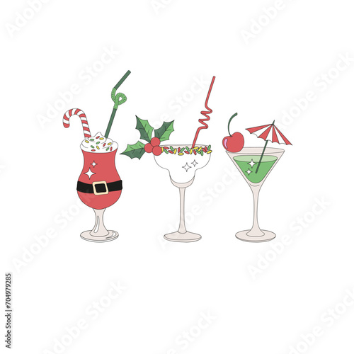 Retro Xmas New Year party cocktails holiday celebration vector illustration isolated on white. Groovy tropical summer Christmas print.