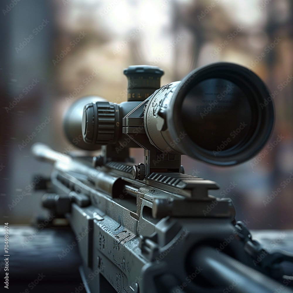 close-up of a rifle with an attached scope, intricately detailed and illuminated by natural light.