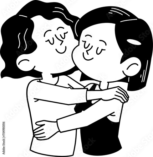 Romantic gay couple hugging each other cartoon illustration outline, coloring page