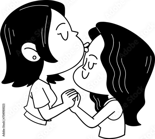 Romantic gay couple kissing cartoon illustration outline, coloring page