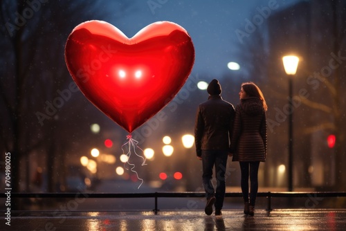 Couple on the street, romantic atmosphere on the street with beautiful  red hearts, Valentine's day © nataliya_ua
