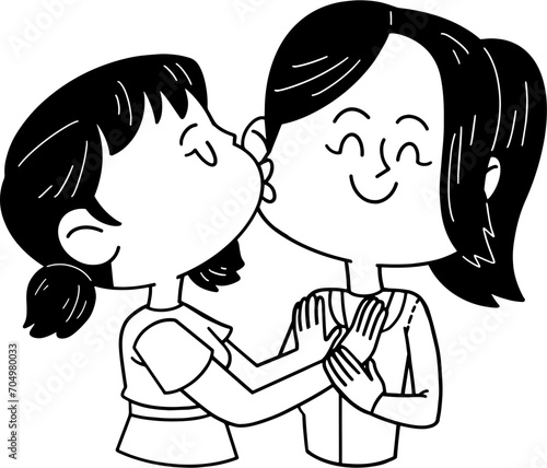 Romantic gay couple kissing cheek cartoon illustration outline, coloring page