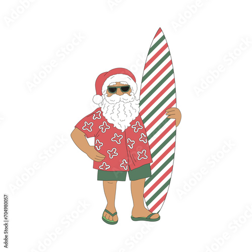 Retro beachy Santa Claus in Hawaiian shirt with red green striped surfboard vector illustration isolated on white. Groovy tropical summer Christmas print.