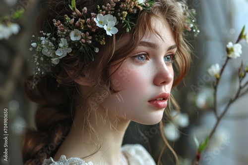 Close-Up Portrait of a Gorgeous girl in a spring wreath of flowers