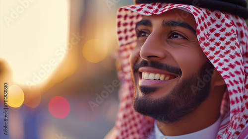 Handsome Arab Millionaire Sheikh in Traditional Attire photo