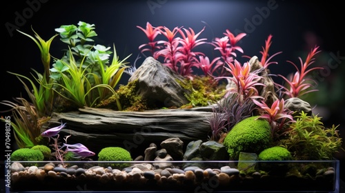 Aquarium with colorful aquatic plants, planted tank-like aquascaping and small fish