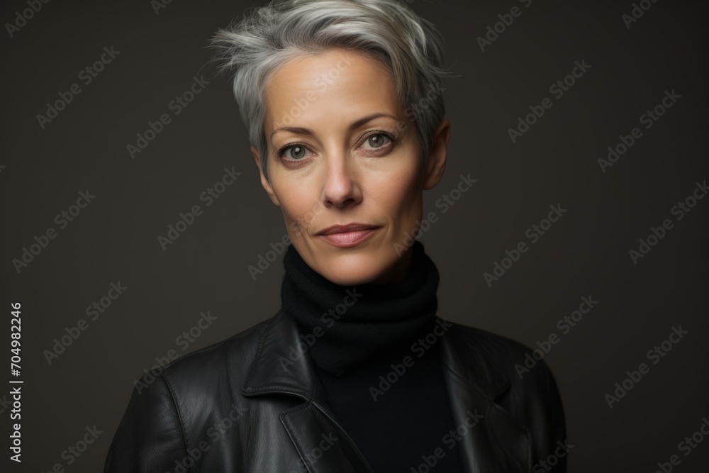 Portrait of a beautiful middle-aged woman in a black leather jacket Portrait of a beautiful middle-aged woman in a black leather jacket