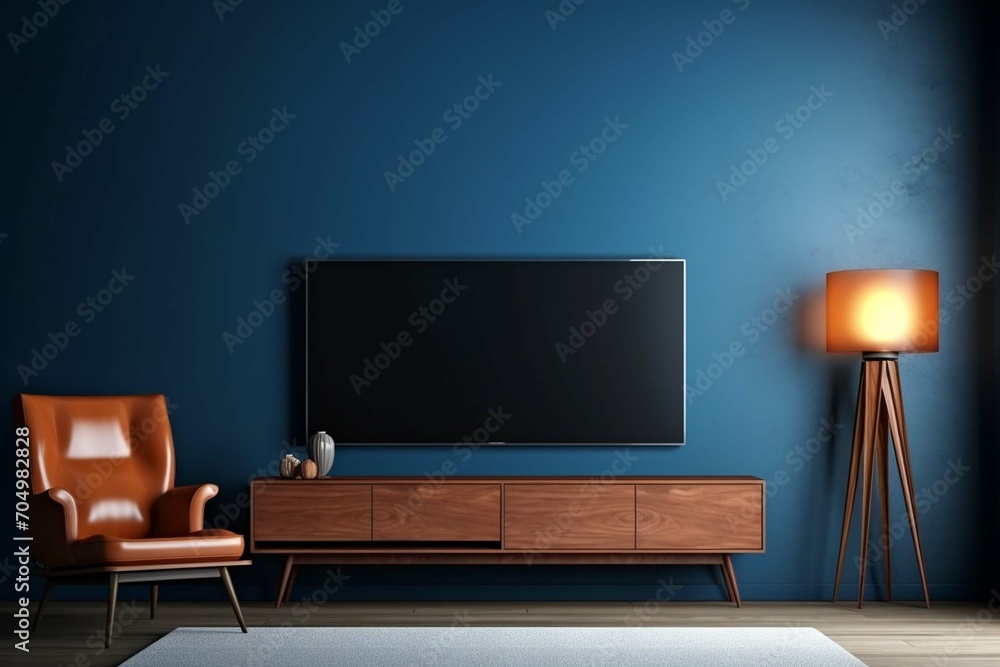 Cabinet TV in modern living room with leather armchair and accessories décor on dark blue wall background.3d rendering