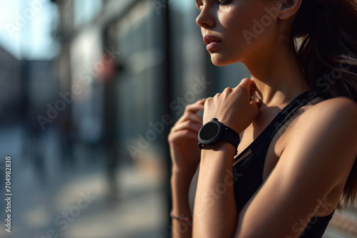 Sport girl wearing smart watch photo