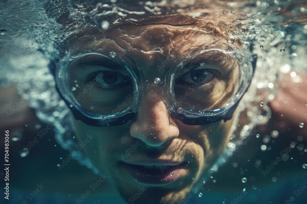 Naklejka premium Man Face Underwater, Sportsman Swim Entering,Underwater Swimming Goggles,Close-up Face,Bubbles And Waves