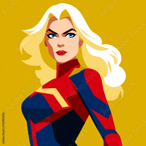 Female superhero beautiful blonde in costume, bright makeup with red lips