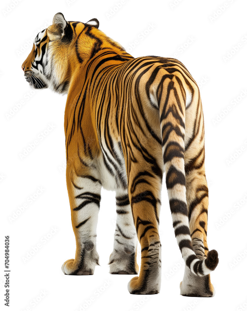 Back view of a standing bengal tiger isolated on a transparent background