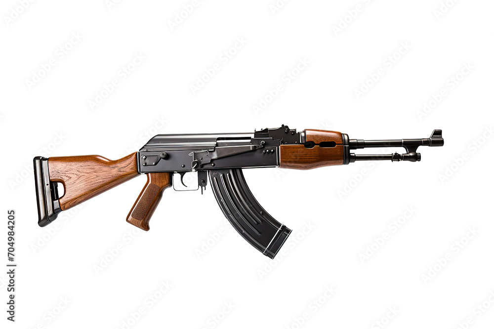 Rare first model AK - 47 assault rifle with a milled receiver isolated on a Transparent background. Generative AI Rare first model AK - 47 assault rifle with a milled receiver isolated on a Transparent background. Generative AI