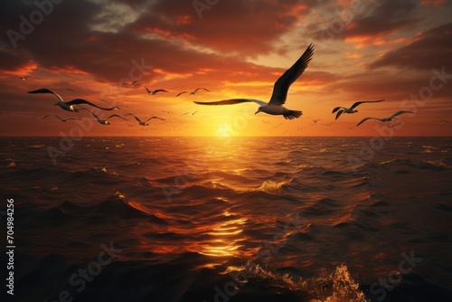  a picture of a seagull flying in the sky over the ocean with the sun low in the water.