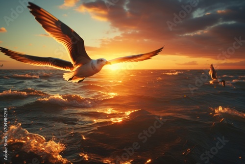  a seagull flying in the sky over a body of water with a boat in the water in the background.