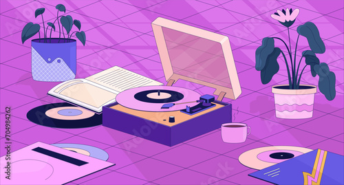 Boho vinyl player flowerpots lofi wallpaper. Phonograph records, houseplants 2D cartoon flat illustration. Nostalgia retro style. Dreamy vibes chill vector art, lo fi aesthetic colorful background