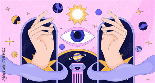 Magic fortune astronomy lofi wallpaper. Esoteric astrology 2D cartoon flat illustration. All seeing eye, cosmic planets. Divination. Dreamy vibes chill vector art, lo fi aesthetic colorful background