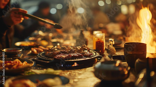 Authentic Korean BBQ. Hot and sweet images of making meat.  photo