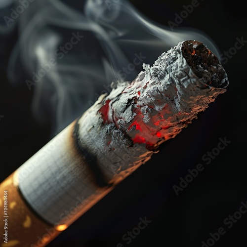 A close-up of a burning cigarette with smoke.
