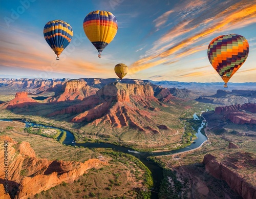 A view of colorful hot air balloons flying over a Southeastern part of the United States with canyons and river. A beautiful sunset with vibrant clouds in the sky. photo