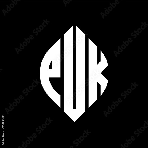 PUK circle letter logo design with circle and ellipse shape. PUK ellipse letters with typographic style. The three initials form a circle logo. PUK circle emblem abstract monogram letter mark vector.