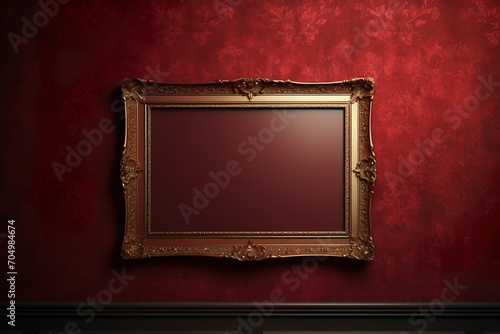 An empty ornate vintage frame with intricate details on a vibrant red background © Wall Art Galerie