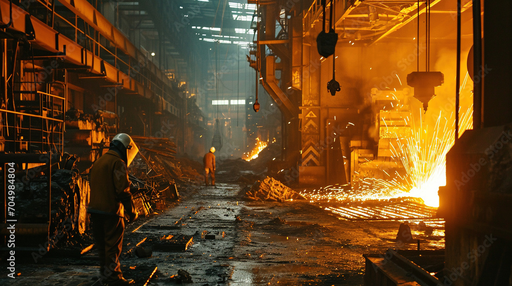 Hard working man on steel plant. 
