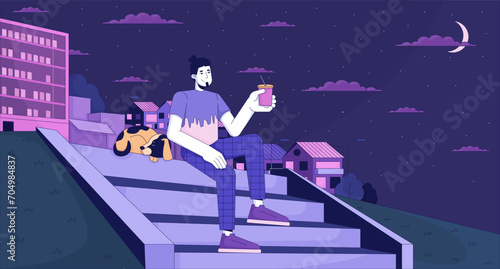 Relaxing with pet on hillside stairs at night lofi wallpaper. Dog walking 2D cartoon flat illustration. Man drinking coffee on staircase. Dreamy chill vector art, lo fi aesthetic colorful background
