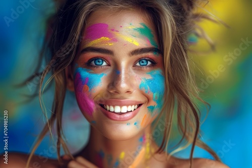 Portrait of a beautiful girl full of colored powder all over the body