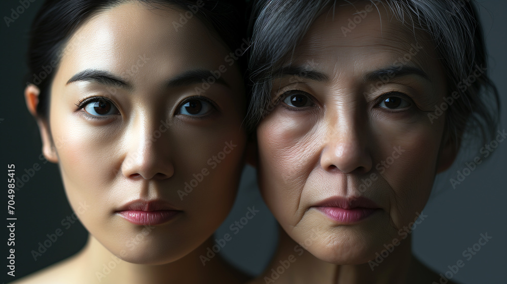 Aging of female skin in two different age. Aging of female skin in two different age.
